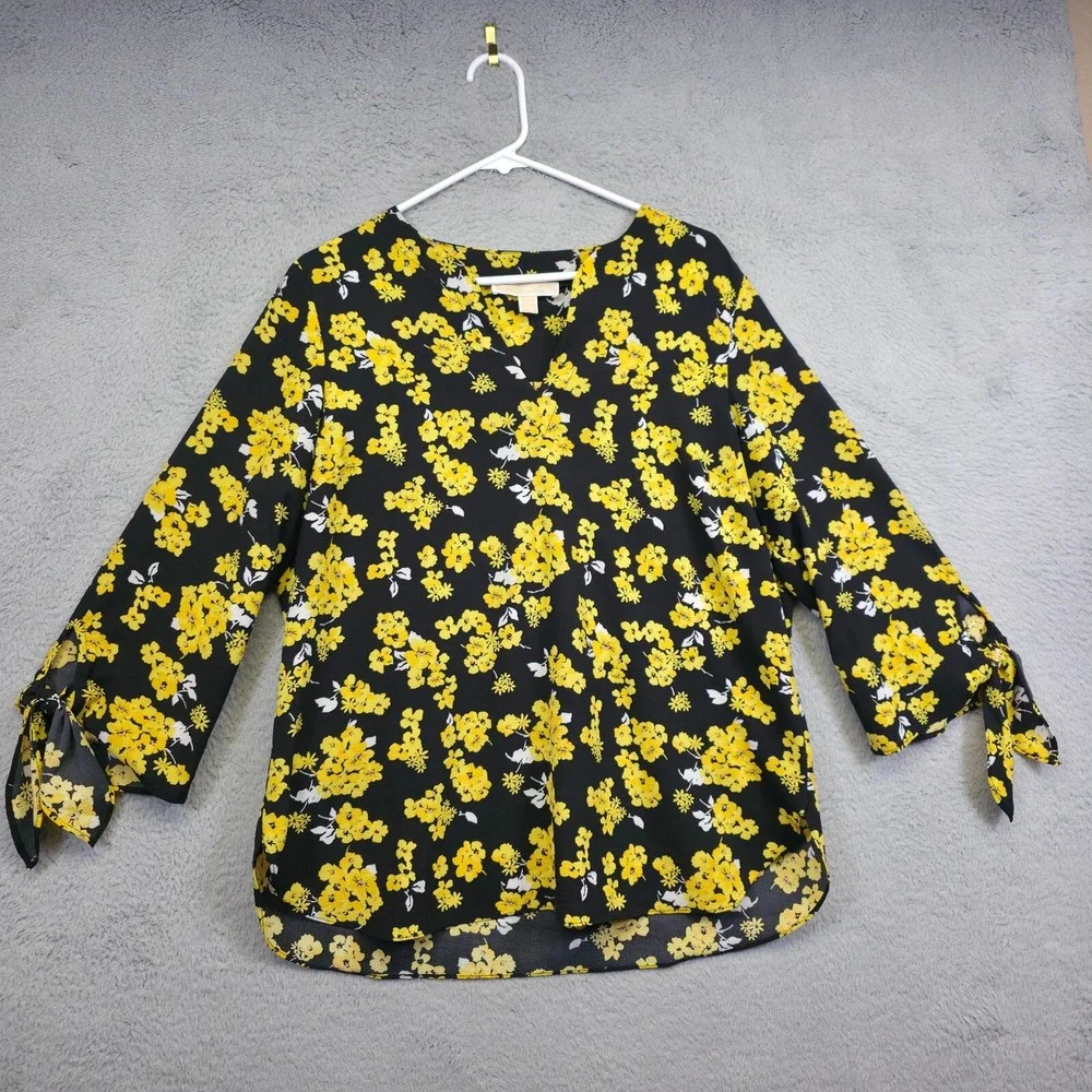 Michael Kors Top Womens L Black Yellow Tie Sleeve Floral Colorful Resort Elegant